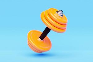 3D-Darstellung Metall-Orange-Hantel mit Scheiben auf blauem Hintergrund. Fitness- und Sportgeräte foto