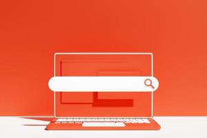 Bunte 3D-Illustration eines modernen Laptops mit einer Informationssuchleiste auf einem rd-Hintergrund. foto