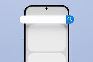 3D-Darstellung eines Mobiltelefons mit einer Suchleiste auf weißem Hintergrund. internetsuche mit smartphone. foto