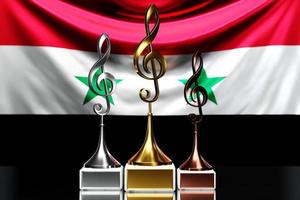 Treble Clef Awards für den Gewinn des Musikpreises vor dem Hintergrund der Nationalflagge Syriens, 3D-Darstellung. foto