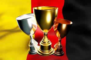 3D-Darstellung eines Pokals mit Gold-, Silber- und Bronzegewinnern auf dem Hintergrund der Nationalflagge Deutschlands. 3D-Visualisierung einer Auszeichnung für sportliche Leistungen foto