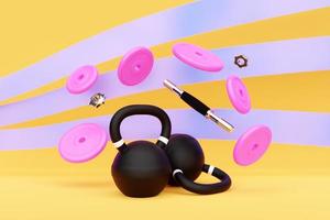 Zwei schwere Kettlebells aus blauem Metall und eine zerlegte Hantel mit Platten auf gelbem Hintergrund. foto