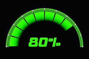 3D-Darstellung der Geschwindigkeitsmessung Geschwindigkeitssymbol. Grünes Tachometersymbol, Tachometerzeiger zeigt auf normale Farbe foto