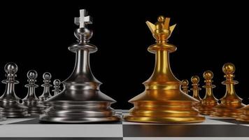 der könig im kampfschachspiel steht auf schachbrett mit schwarzem isoliertem hintergrund. konzept geschäftsstrategie, planung und entscheidung.3d-rendering. foto