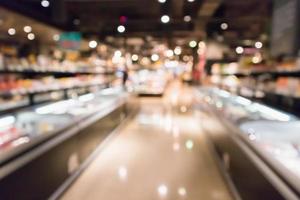 abstrakter Supermarkt-Lebensmittelgeschäft-Kühlschrank verschwommener, defokussierter Hintergrund mit Bokeh-Licht foto