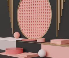 3D abstrakte minimalistische geometrische Formen. Luxus-Podestdisplay im Farbthema Schwarz-Rosa-Koralle. Modenschau-Bühne, Sockel, Schaufenster für die Anzeige. foto