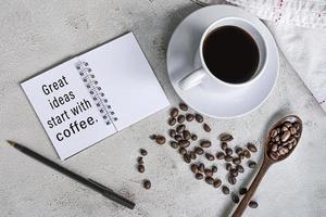 inspirierendes zitat auf notizblock mit kaffee und kaffee war hintergrund. foto
