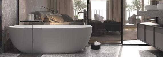 minimalistisches modernes Innendesign. Badezimmer mit Badewanne und Glastrennwand. foto