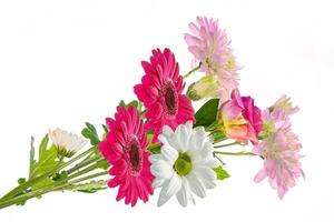 Bunte lebendige Blumen von Chrysanthemen, Gerbera, Rosen isoliert auf weißem Hintergrund. foto