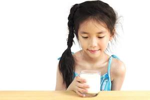 asiatische Mädchen trinkt ein Glas Milch auf weißem Hintergrund foto