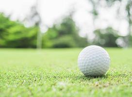 golfball auf grün mit verschwommenem pin flagstick und grünem baumhintergrund foto