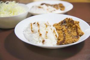 Reis mit frittiertem Schweinefleisch im japanischen Stil namens Tonkatsu Rescipe - japanisches Essen Stil Reis Schweinefleisch Mahlzeit Hintergrundkonzept foto