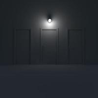drei Türen in einem dunklen Raum mit Lampe. 3D-Illustration.