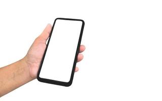 Hand-Geschäftsfrau, die ein mobiles Smartphone mit leerem Bildschirm hält, das auf weißem Hintergrund mit Beschneidungspfad isoliert ist. foto