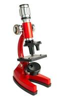 rotes Mikroskop lokalisiert auf weißem Hintergrund mit Weg foto