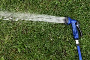 blaue pistole sprühwasser auf den schlauch zum bewässern des rasens. blaue Spritzpistole zum Gießen von grünem Gras. Bewässerung des Gartens mit einem Gartenschlauch. Gartenarbeit. Landwirtschaft. Landwirtschaft. Platz für Ihren Text foto