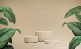 pastellbeige 3-stufiges rundes Anzeigepodium für Werbezylinder für Kosmetik- und Hautpflegeprodukte mit tropischen Blättern 3D-Rendering-Bild foto