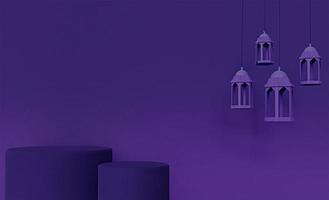 blaue islamische Produktanzeige 3 Stufen auf weichem Hintergrund 4 hängendes traditionelles Laternensockel-Vorlagendesign 3D-Rendering-Bild foto