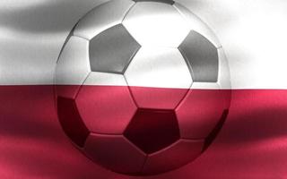 3D-Darstellung einer polnischen Flagge mit einem Fußball, der sich im Wind bewegt foto