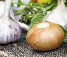 Knoblauch und Basilikum mit Zwiebel foto