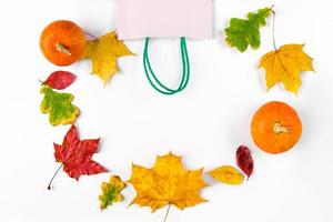 Herbstverkaufskonzept. Rabatt-Banner. Papiereinkaufstasche und bunte Laub auf weißem Hintergrund. foto