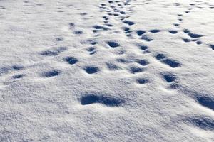 Fußspuren und Dellen im Schnee, nachdem Menschen vorbeigegangen waren foto