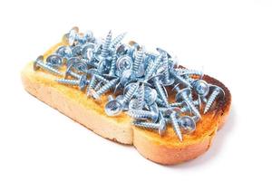 Comic-Sandwich mit Schrauben, isoliert auf weißem Hintergrund foto