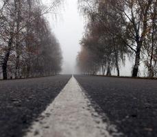 Asphaltstraße in den Nebel foto