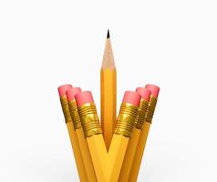 ein spitzer Bleistift unter den Radiergummis. ein gespitzter bleistift, der sich von den stumpfen abhebt 3d-illustration foto