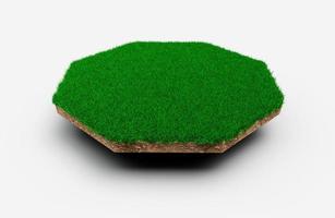 achteckförmiger geologischer Querschnitt des Bodens mit grünem Gras, Erdschlamm weggeschnitten isolierte 3D-Illustration foto