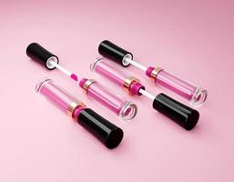 satz von lila rosa lipgloss isoliert auf rosa hintergrund. flüssiger lippenstift, lippenglanzkosmetik für lippen-3d-illustration foto