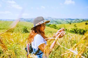 asiatische frauen reisen reisfelder grün auf den bergen im urlaub. glücklich und genießen eine schöne Natur. Reisfelder golden. Sommer foto