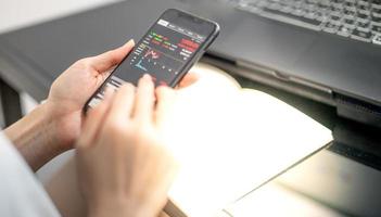 weibliche händlerin investor broker analystin hält smartphone in der hand und analysiert börsenhandelsdiagramme indexdaten preisprüfung mit handy foto