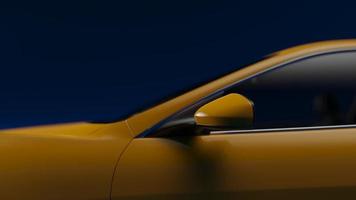 auto gelb. 3D-Darstellung von Fahrzeugfragmenten auf blauem, einheitlichem Hintergrund. foto