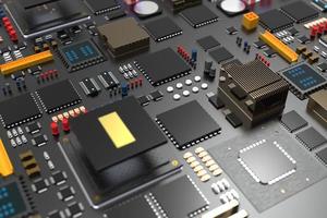 Leiterplatte mit Mikrochips, Prozessoren und anderen Computerteilen. 3D-Rendering zum Thema Technologie und große Rechenleistung foto