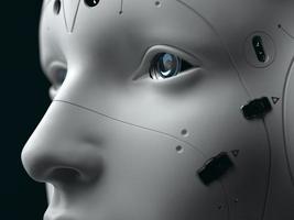 Roboterfrau. Nahaufnahmeporträt. Abstraktion zum Thema Technik und Games. 3D-Darstellung foto