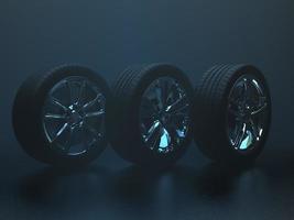 Auto-Rad mit Chromscheiben, Nahaufnahme auf dunklem Hintergrund. 3D-Rendering foto