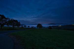 Straße mit Bäumen und Wiesen zur blauen Stunde am Abend. foto