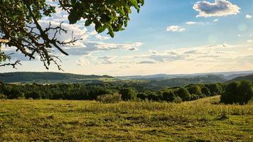 ein sonniger tag im saarland mit blick über wiesen ins tal. Baum im Vordergrund foto