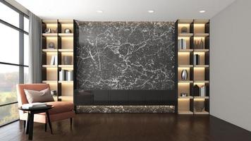 modernes luxuswohnzimmer mit ledersessel und tv-schrank, schwarzer marmorwand und bücherregal. 3D-Rendering foto