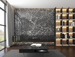 Modernes, luxuriöses, leeres Zimmer mit Fernsehschrank und Bücherregal, schwarzer Marmorwand und Holzboden. 3D-Rendering foto