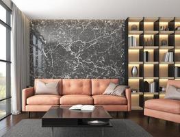 Modernes Luxus-Wohnzimmer mit Ledersofagarnitur, schwarzer Marmorwand und Bücherregal. 3D-Rendering foto