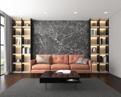 modernes luxuswohnzimmer mit ledersofa, schwarzer marmorwand und bücherregal. 3D-Rendering foto