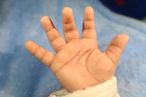 neugeborene Babyhand. Nahaufnahme des Neugeborenen mit der Hand auf weißem Hintergrund mit Kopierraum, Panoramabanner des Kindertagesstättenkonzepts foto