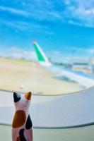 Blick aus dem Flugzeugfenster auf einen wunderschönen klaren blauen Himmel und den Flugzeugflügel. Erde und Himmel, gesehen durch das Fenster eines Flugzeugs. foto