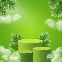 Produktpodium mit grünen tropischen Blättern und Wolken foto