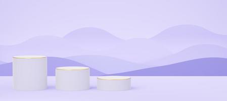 3D weißes Zylinderpodium mit goldenem Rand auf violettem Wellenhintergrund. 3 leerer Sockel-Mockup-Platz für Display-Produktdesign. abstrakte minimale geometrische Studioform. Papierschnitt-Stil. 3D-Rendering. foto