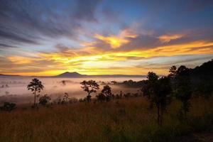 dramatischer himmel und nebliger morgensonnenaufgang im thung salang luang nationalpark phetchabun, thailand foto