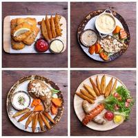 Fish and Chips, gebratene Hähnchenschenkel mit Pommes frites, geräucherte Wurst mit Kartoffeln, Wolfsbarschsteak mit Gemüse foto