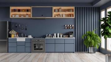 Luxus-Küchenecke mit dunkelblauer Wand. foto